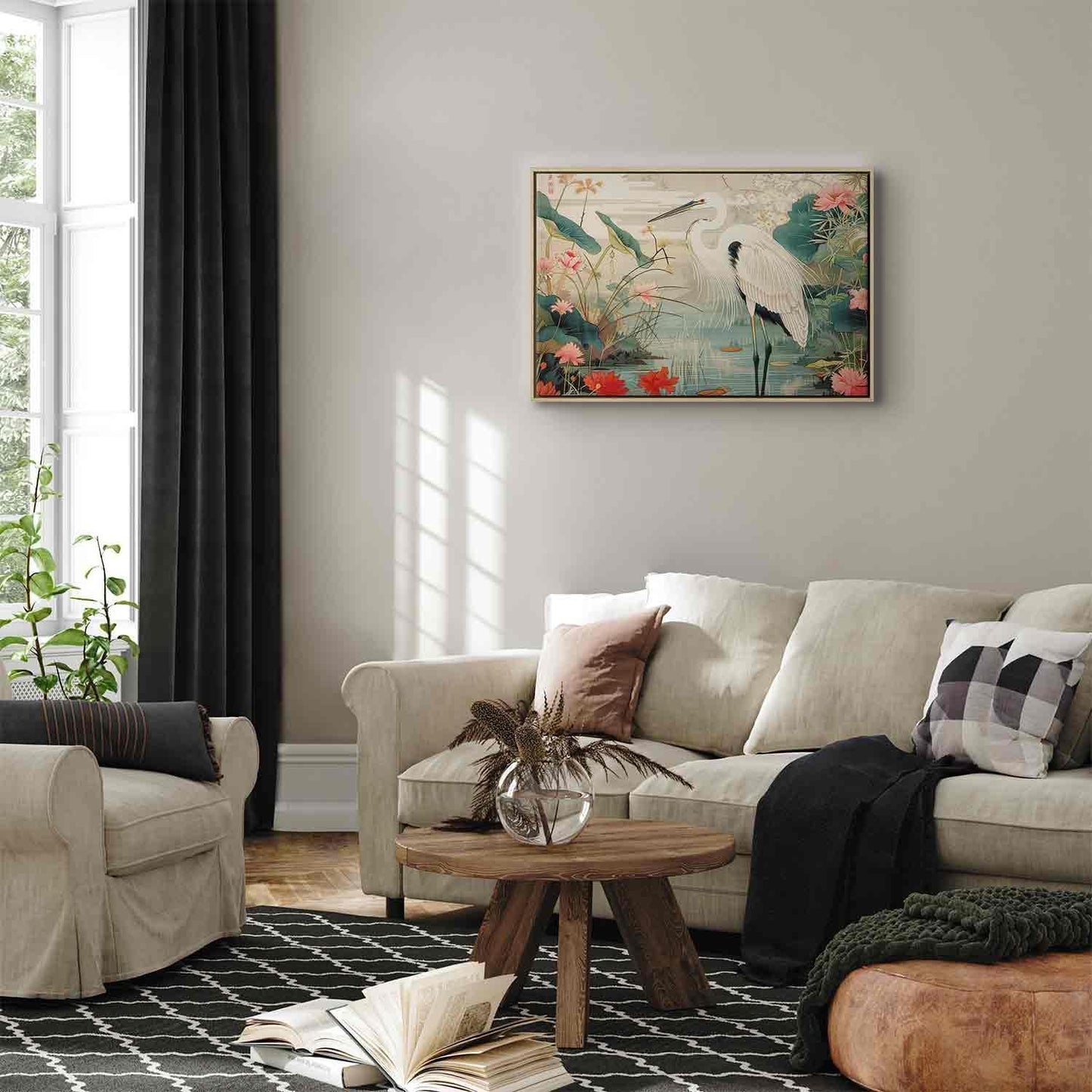 Leinwandbild - By an Asian pond - an illustration in the style of a Japanese engraving, depicting a heron