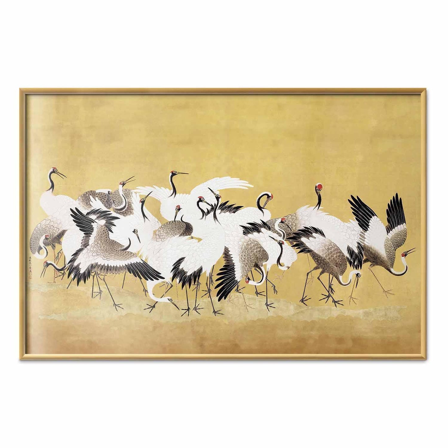 Poster - Japanese Cranes - a flock of birds against a golden background based on the painting of Ishida Yūtei