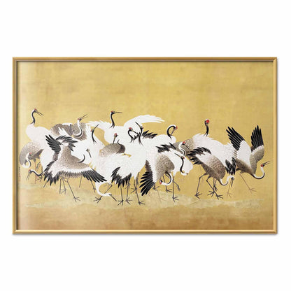 Poster - Japanese Cranes - a flock of birds against a golden background based on the painting of Ishida Yūtei