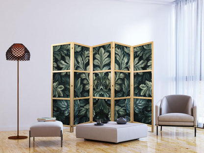 Japanischer Paravent - Dark Green Victorian Leaves - Botanical Carved Composition Artgeist