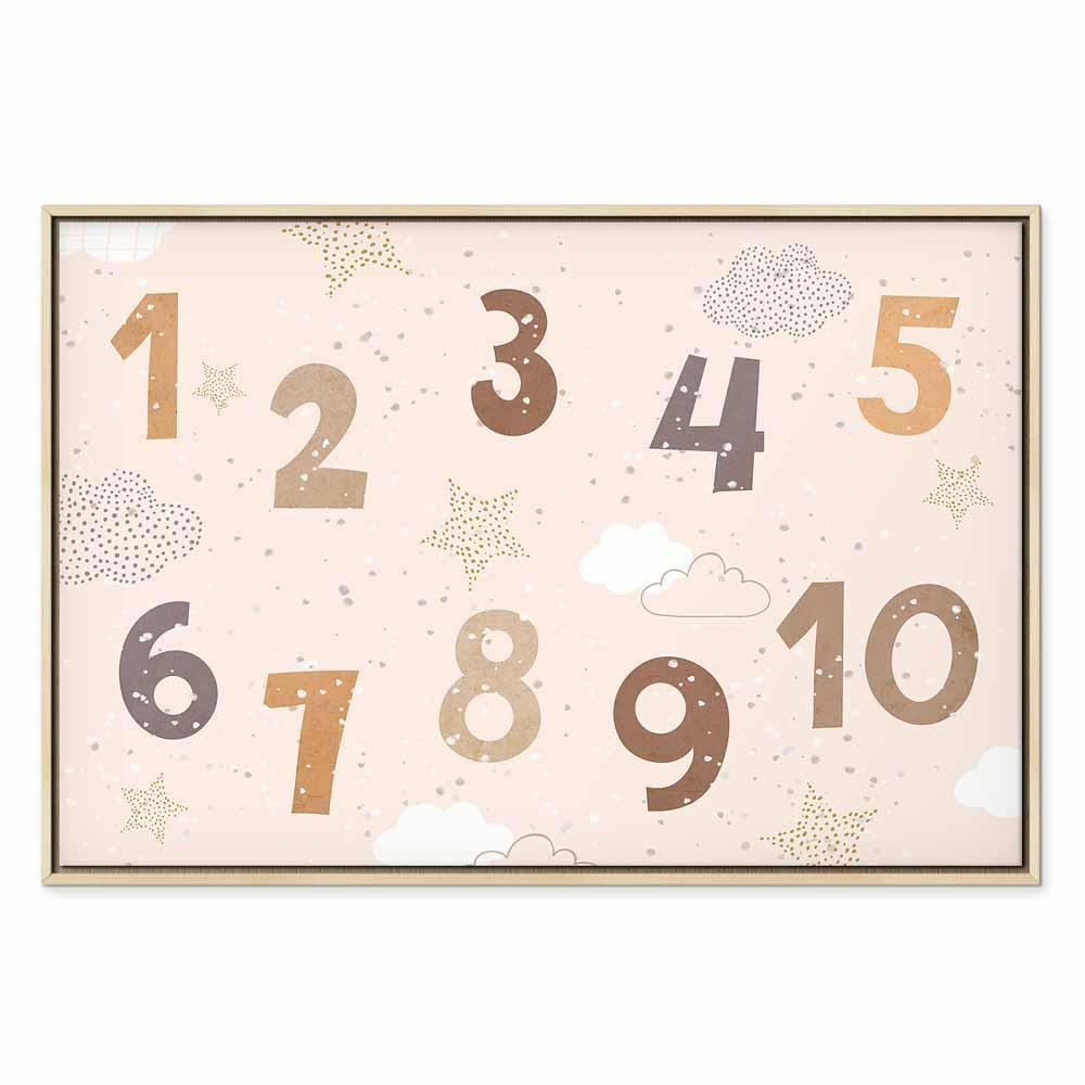 Leinwandbild - Jumping Numbers - Numbers in a Subdued Beige-Brown Hue Among Snowflakes Stars and Clouds