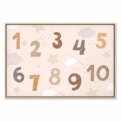 Leinwandbild - Jumping Numbers - Numbers in a Subdued Beige-Brown Hue Among Snowflakes Stars and Clouds