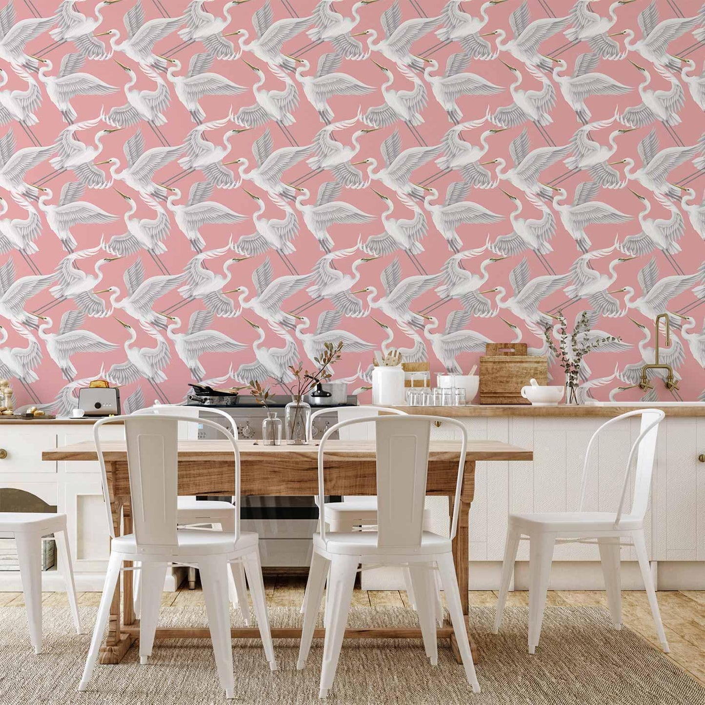 Tapete - Pastel birds – a delicate pattern of white and grey herons on a light pink background
