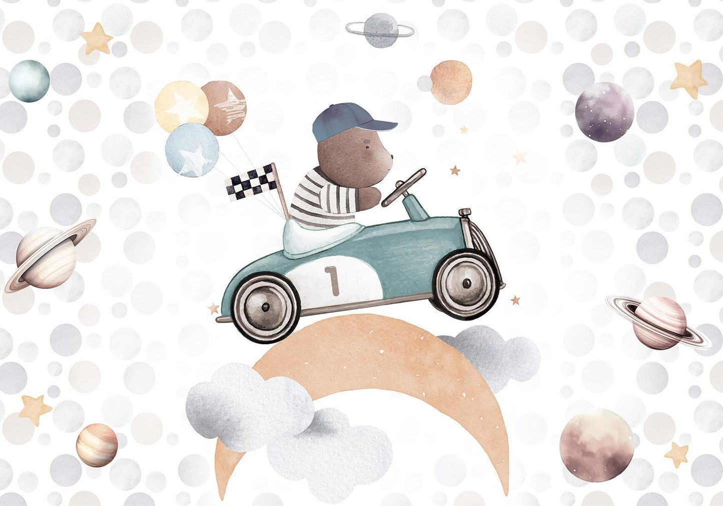 Fototapete - Teddy Bear in a Racing Car Artgeist