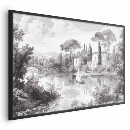 Poster - Black-and-White Vintage Landscape with a Pond Artgeist