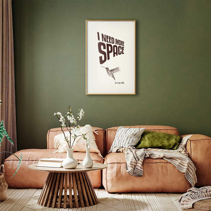 Poster - I Need More Space in elegant living room setting with green walls and brown sofa.