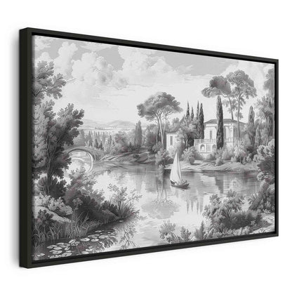 Leinwandbild - Black and White Vintage Landscape Retro View of a Pond with a Boat Artgeist