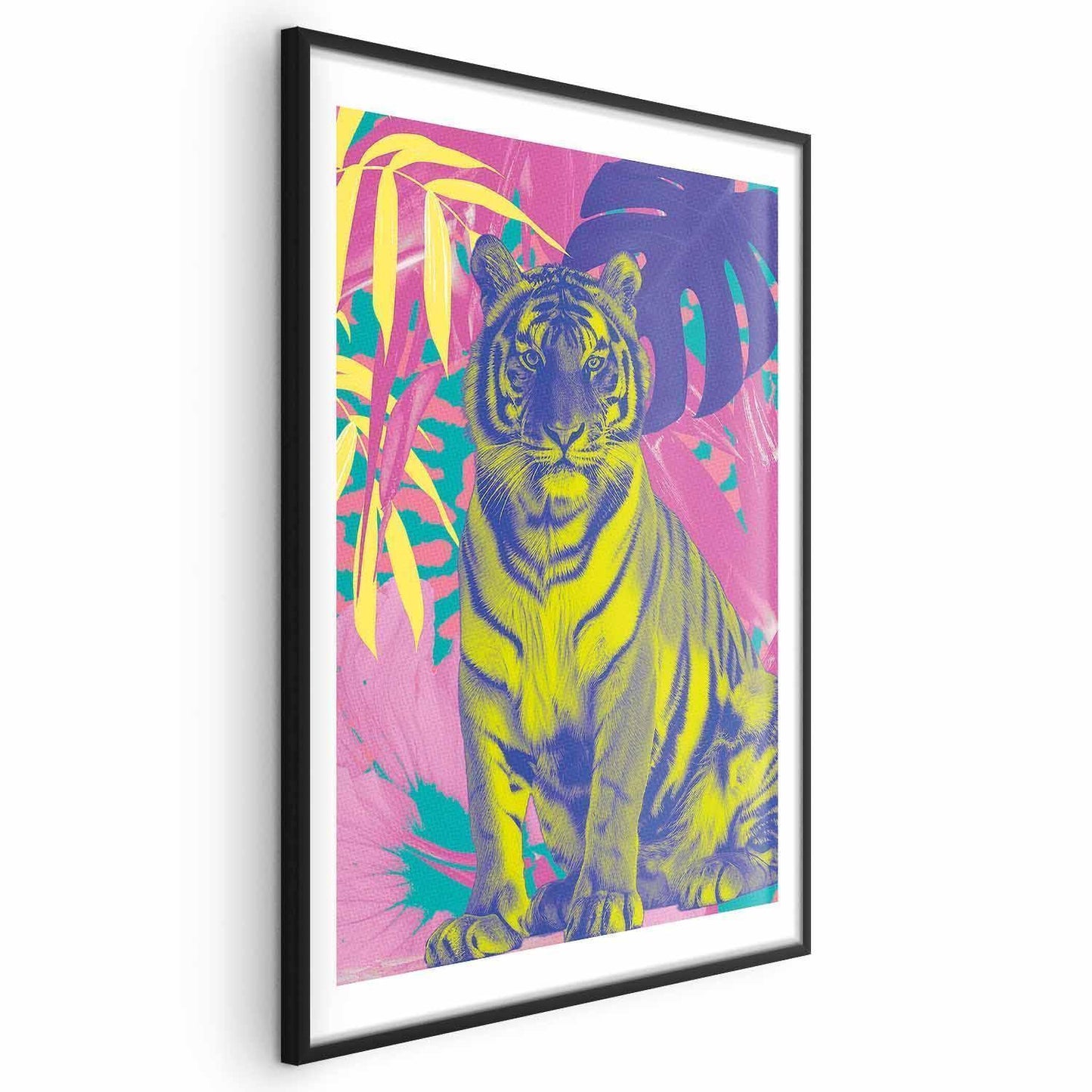 Poster - Colorful Tiger - intense colors of a tiger surrounded by tropical plants Artgeist