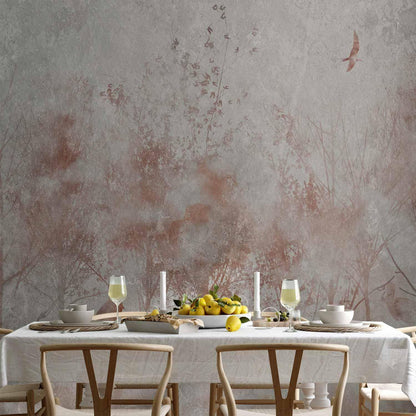 Fototapete - Autumn landscape - abstract with trees and birds on a textured background