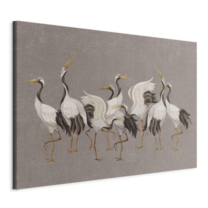 Wandbild XXL - Crane dance – bright silhouettes of birds against a warm grey background with texture