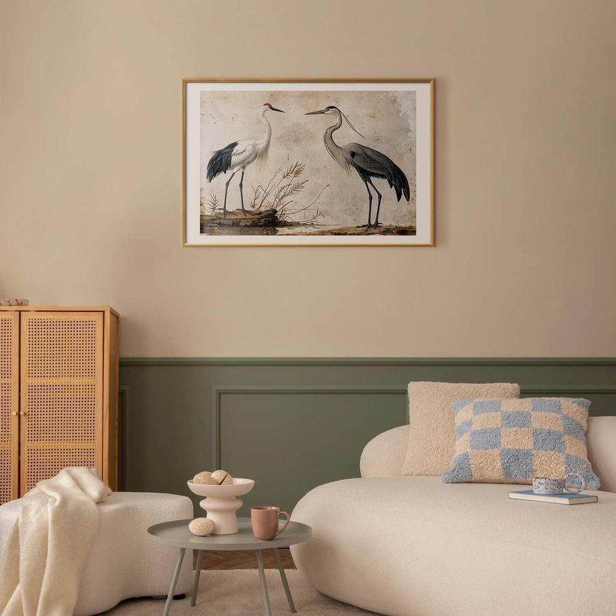 Poster - Birds from an Old Engraving - vintage-style illustration of a heron and a crane Artgeist