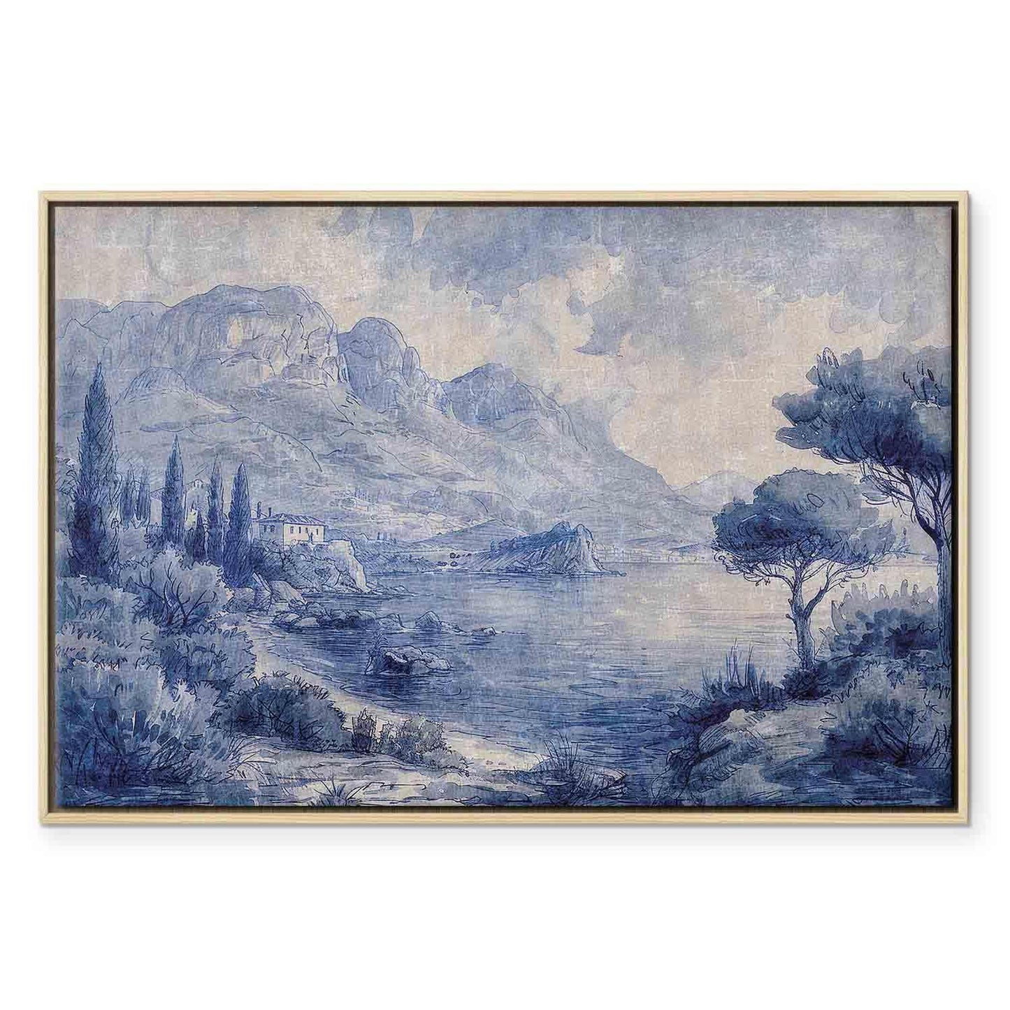 Leinwandbild - Blue Bay - Italian landscape of Lake Como painted with blue ink