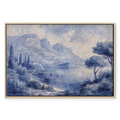 Leinwandbild - Blue Bay - Italian landscape of Lake Como painted with blue ink