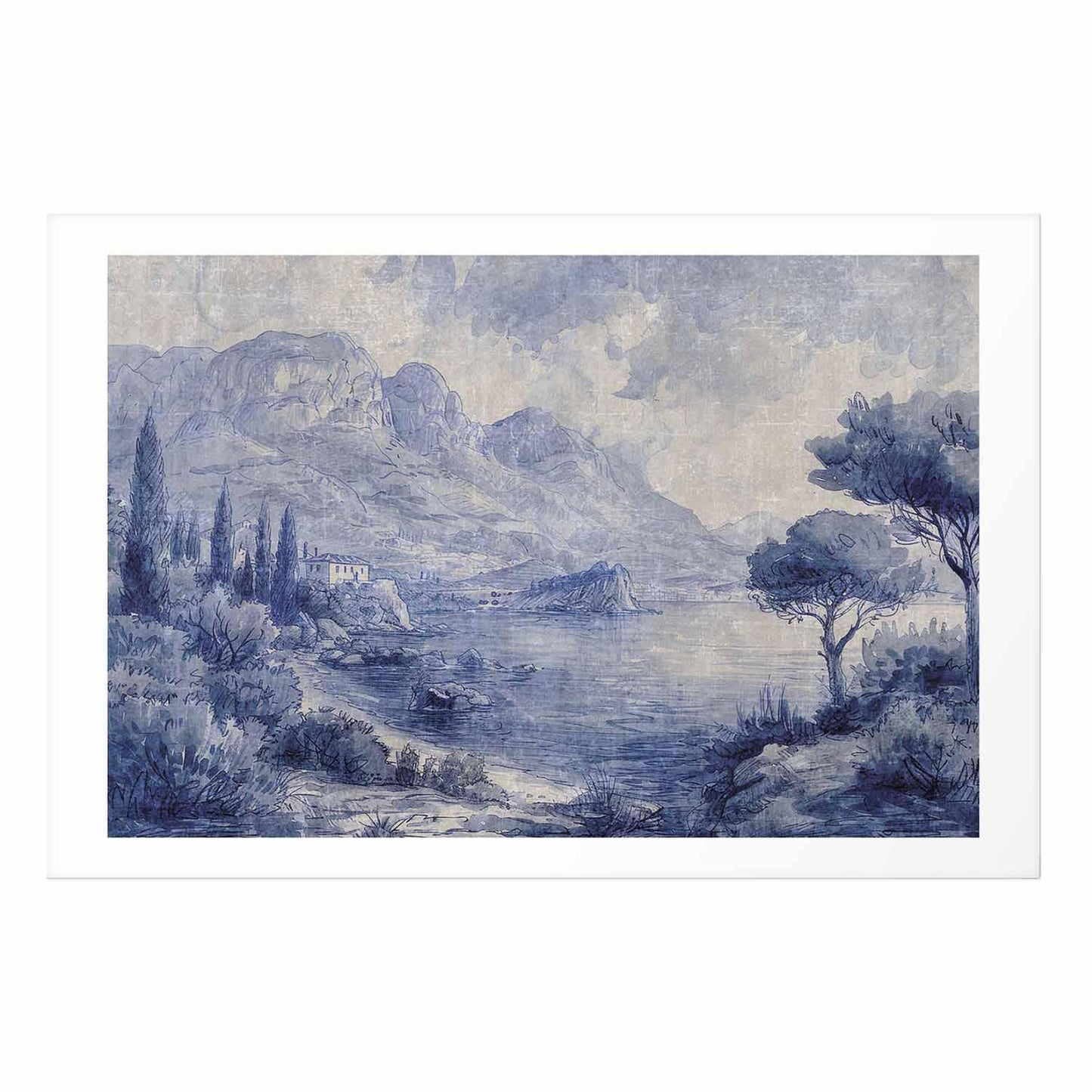 Poster - Blue Bay - Italian Landscape of Lake Como Painted in Blue Ink