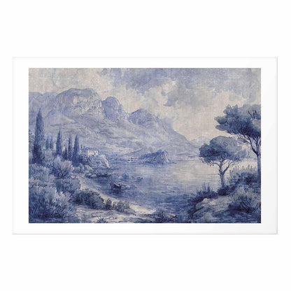 Poster - Blue Bay - Italian Landscape of Lake Como Painted in Blue Ink