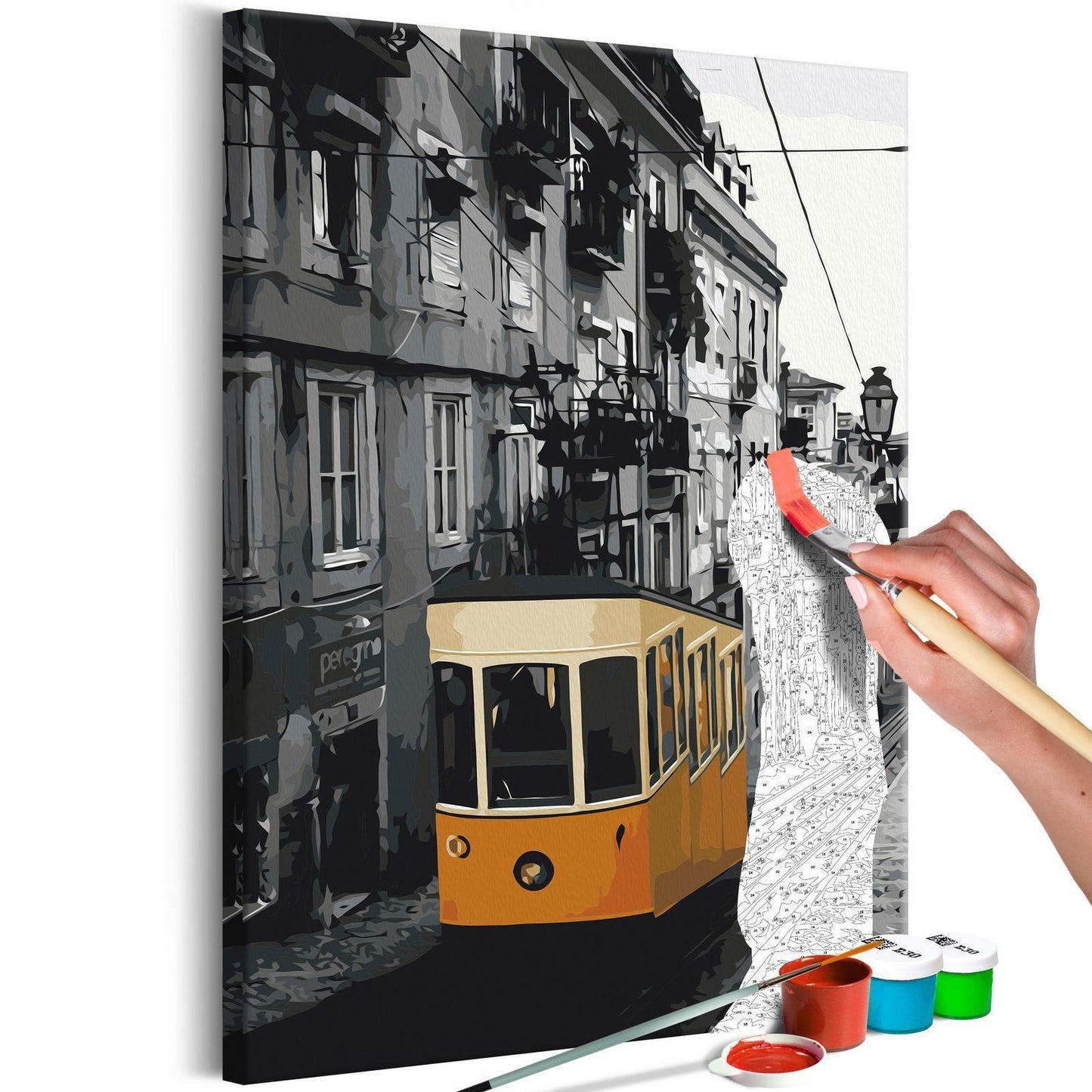 Malen nach Zahlen Straßenbahn in Lissabon - Nostalgische gelbe Straßenbahn auf Kopfsteinpflaster mit portugiesischer Architektur - Sawelt