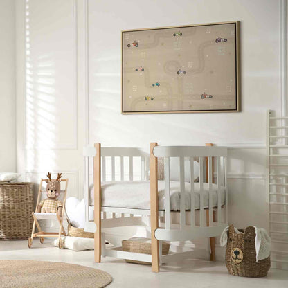 Leinwandbild - Race - Colorful Cars on a Road on a Beige Background with Inscriptions