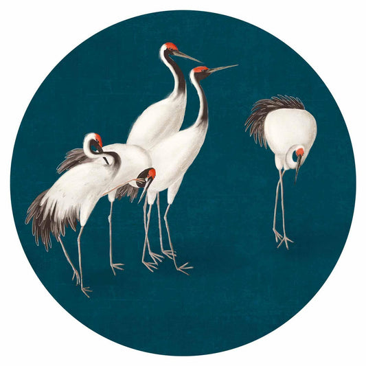 Runde Fototapete - Evening by the pond - a group of cranes drawn in dry pastel on a dark turquoise background