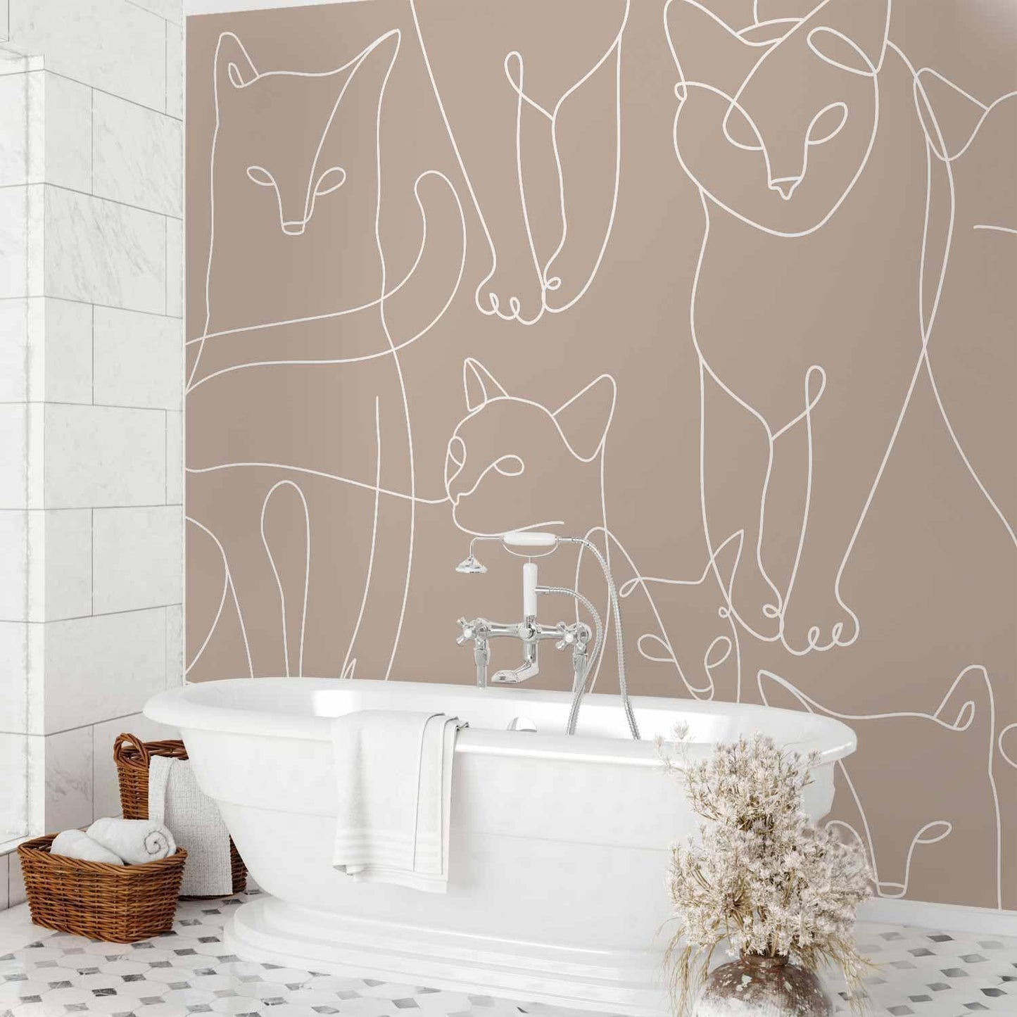 Fototapete - Cat lineart - minimalist sketches of white cats on beige background