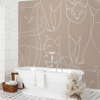 Fototapete - Cat lineart - minimalist sketches of white cats on beige background
