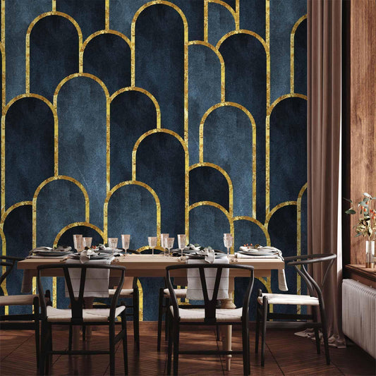 Fototapete Gold Navy Blau Muster - Art Deco Design mit luxuriöser Gold-Navy Farbkombination