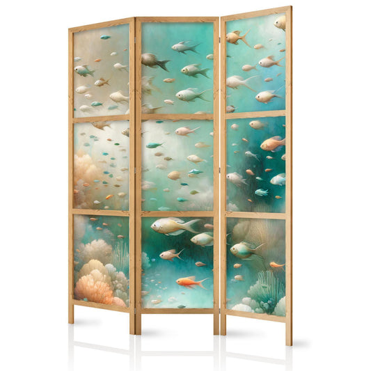 Japanischer Paravent - Spectacular Underwater Landscape - Fish in the Underwater World in Colors of Turquoise Blue Beige and Delicate Orange Artgeist