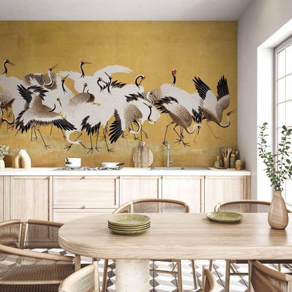 Fototapete - Japanese cranes - a flock of birds against a golden background based on a painting by Ishida Yūtei