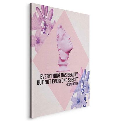 Leinwandbild - Beauty in the Eyes - Inspirational Quote with Pink Bust and Flowers