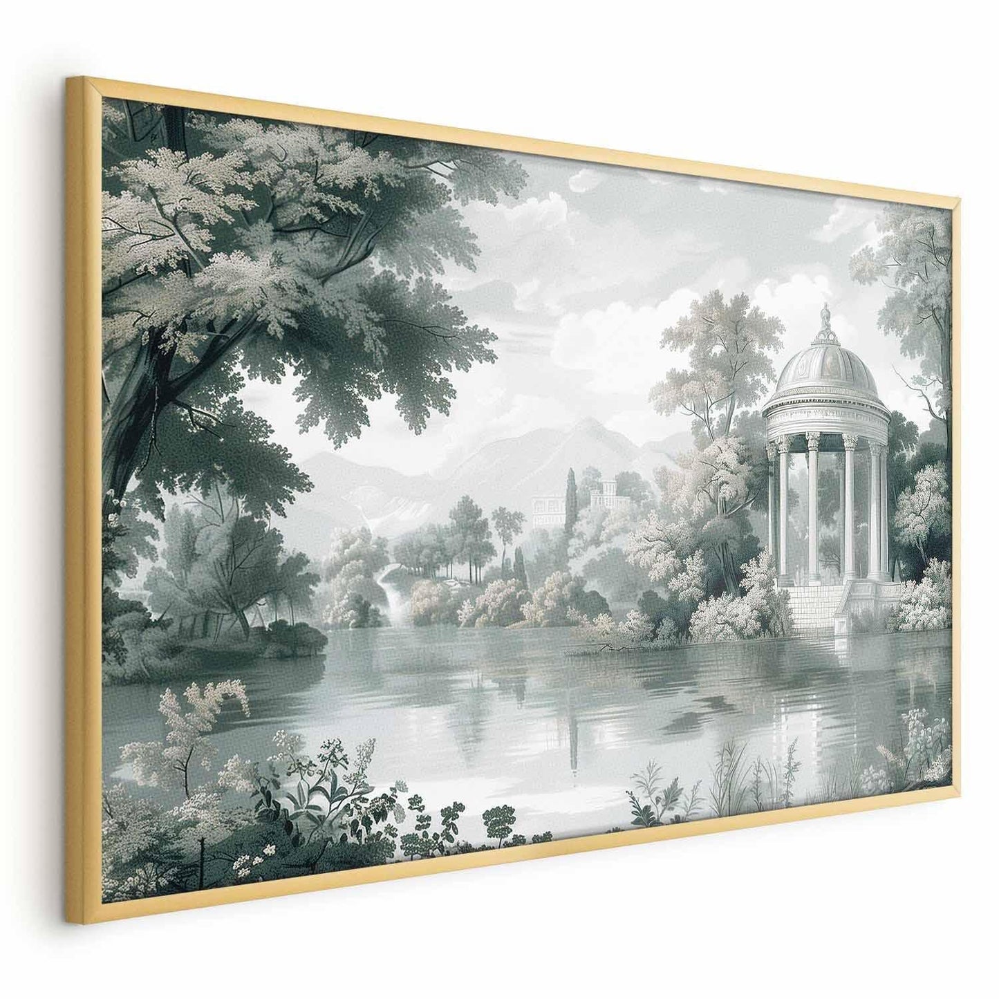 Poster featuring a retro green landscape with park and lake scenery in a gold frame.