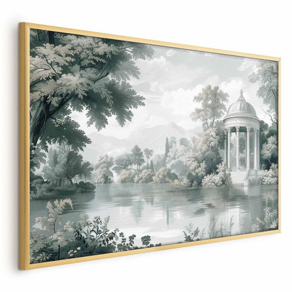 Poster featuring a retro green landscape with park and lake scenery in a gold frame.