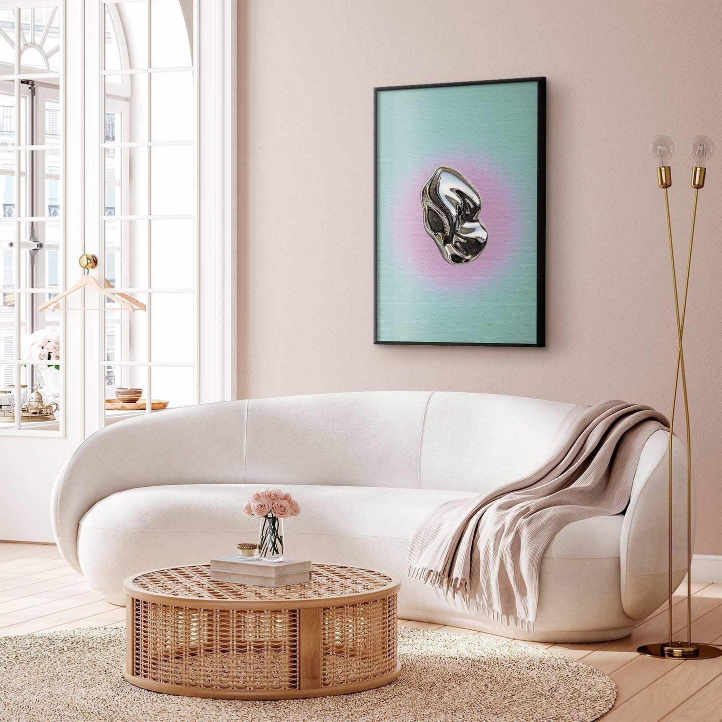 Poster - Metallic Form - abstract sculpture on a mint background with a purple halo