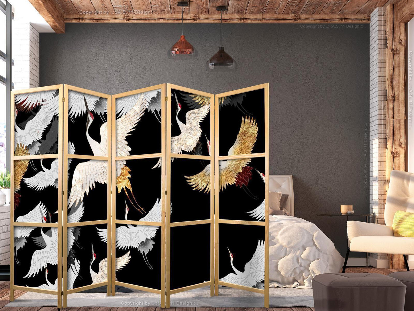 Japanischer Paravent - Cranes at Night - Golden-White Birds Flying Away on a Black Background Artgeist