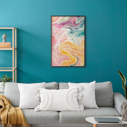 Poster - Colorful Chaos - dynamic shapes in shades of pink, yellow, and blue