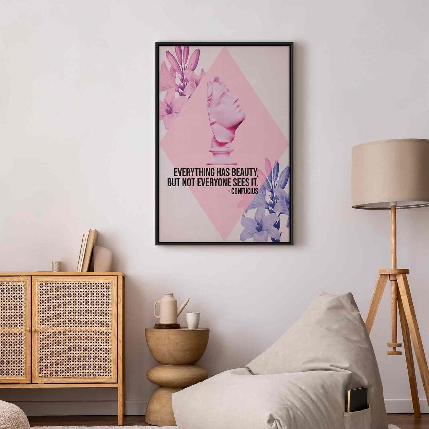Leinwandbild - Beauty in the Eyes - Inspirational Quote with Pink Bust and Flowers