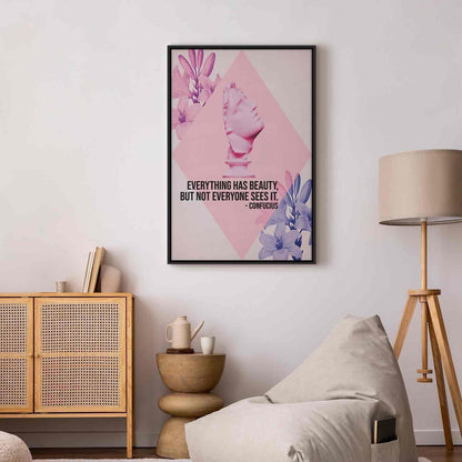 Leinwandbild - Beauty in the Eyes - Inspirational Quote with Pink Bust and Flowers