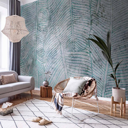 Fototapete Banana Leaves – Tropisches Blattmuster in Blau als Lineart-Design
