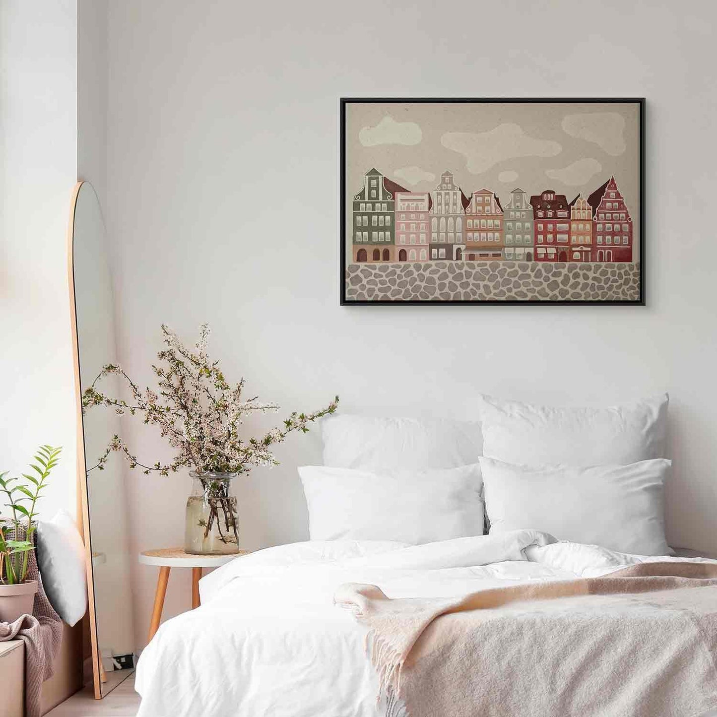 Leinwandbild - Salt Square - Colorful Illustrated Townhouses Against a Cloudy Sky Background