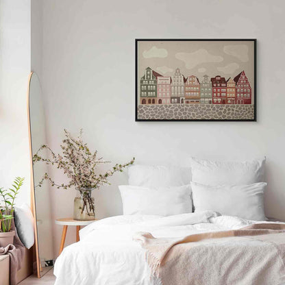 Leinwandbild - Salt Square - Colorful Illustrated Townhouses Against a Cloudy Sky Background