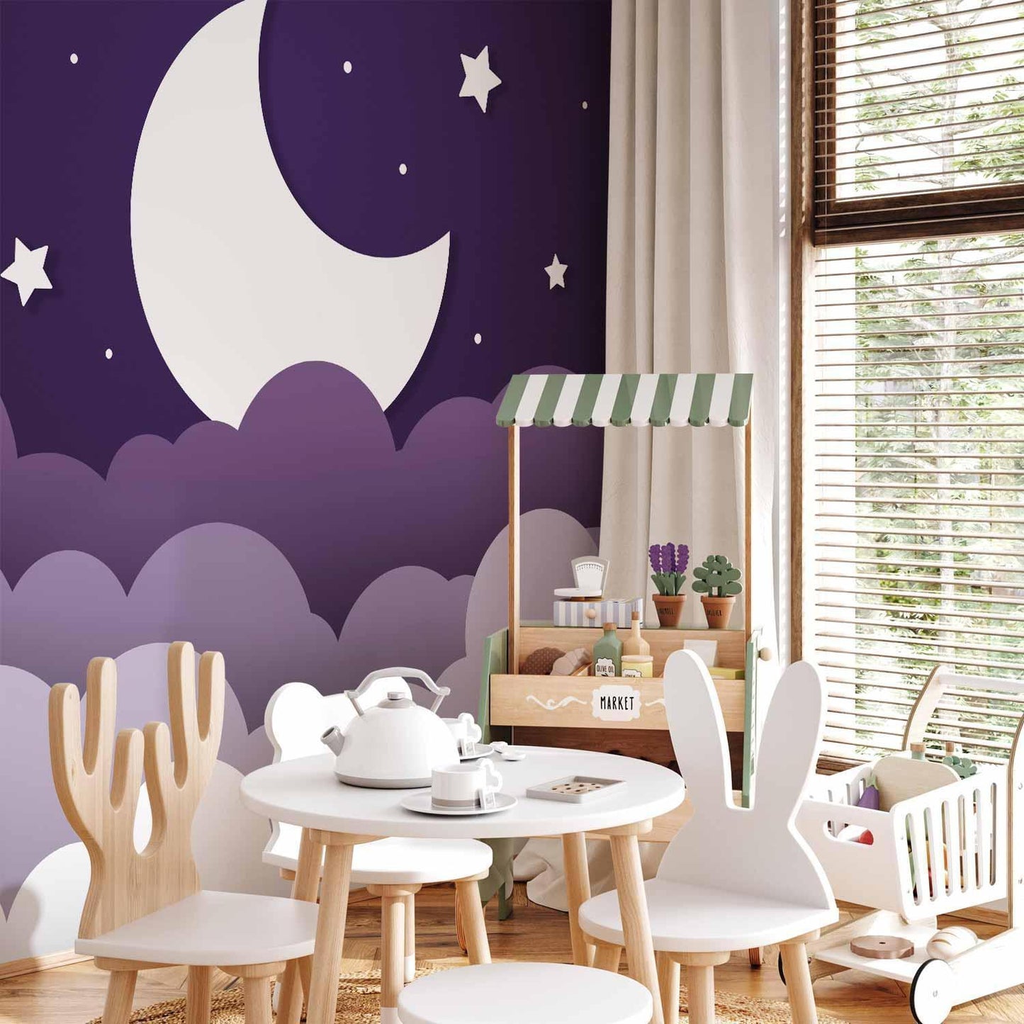 Fototapete - Moon dream - clouds in a purple sky with stars for children
