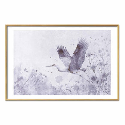 Poster - Majestic Flight - crane in flight in a monochromatic, cool color palette