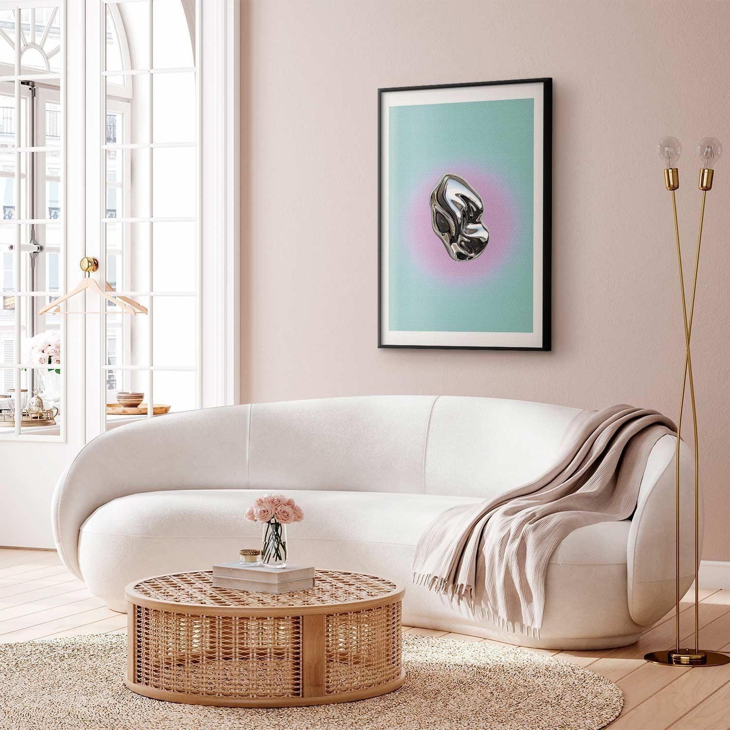 Poster - Metallic Form - abstract sculpture on a mint background with a purple halo