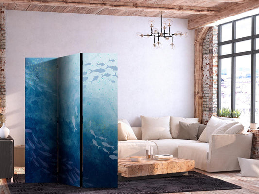 Paravent - Schools of Fish - Luminous Clusters of Fish in Blue Hues Amidst the Sea Depths Artgeist