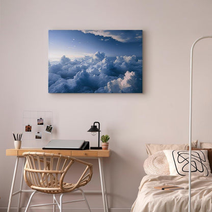 Leinwandbild - Aerial Landscapes: Rays Lighting Up Fluffy Cloud Formations