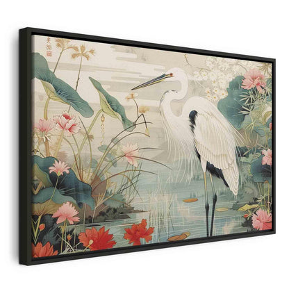 Leinwandbild - By an Asian pond - an illustration in the style of a Japanese engraving, depicting a heron