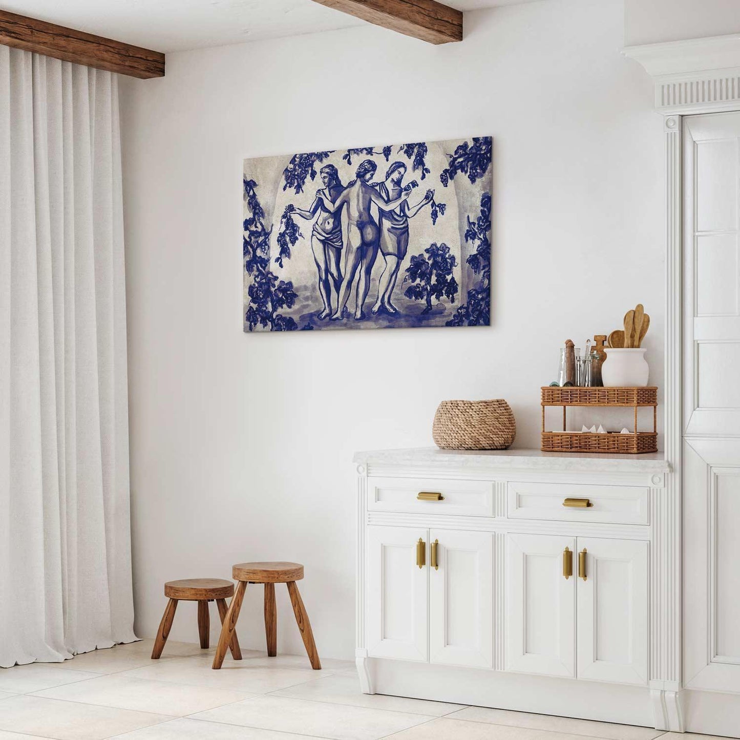 Leinwandbild - Ancient vineyard - three women in a portal painted with blue ink