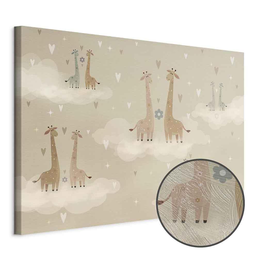 Leinwandbild - Love - Colorful Giraffes Floating on Clouds Among Hearts and Stars