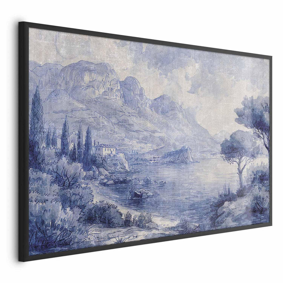 Poster - Blue Bay - Italian Landscape of Lake Como Painted in Blue Ink Artgeist
