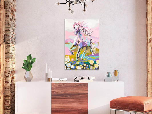 Märchenpferd Wandbild zum Ausmalen - Zauberhaftes Pferd mit bunten Blumen Motiv mit nummerierten Feldern für entspannende Kreativität