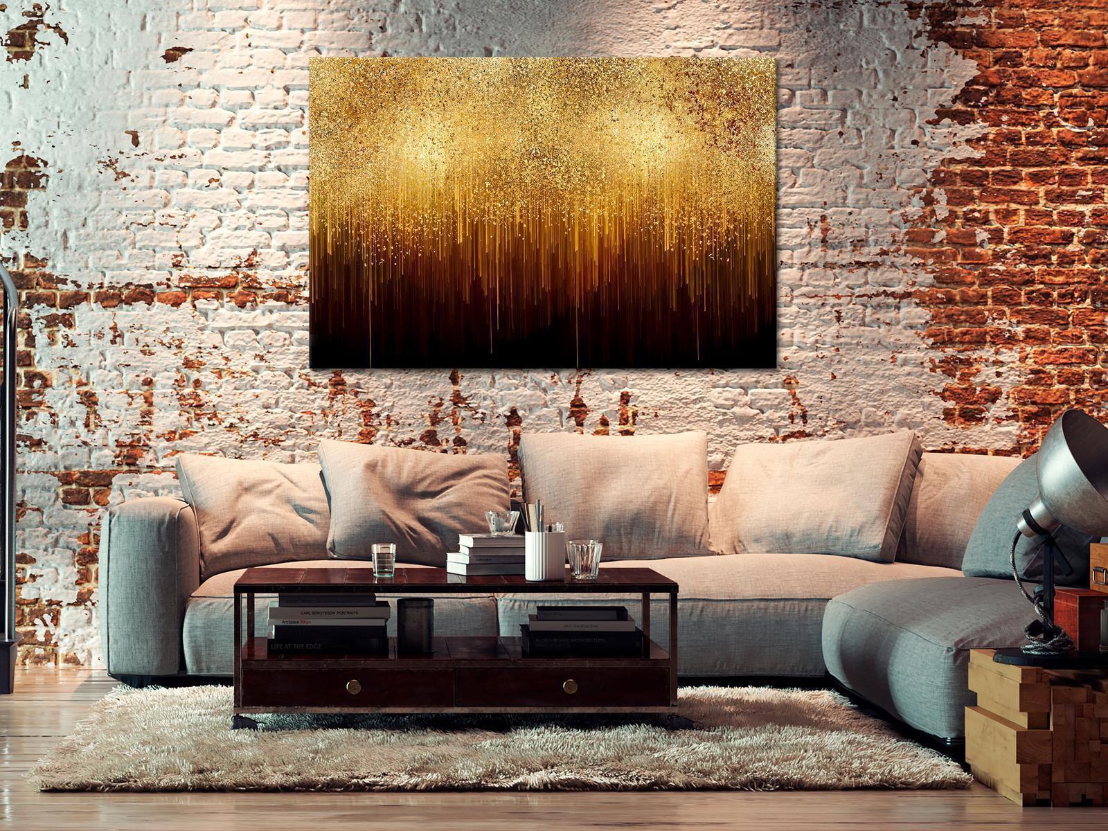 Abstraktes Leinwandbild in Goldtönen

Wandbild Goldene Ausdehnung im Panoramaformat

Moderne Leinwandkunst mit eleganter Struktur

Leinwandbild mit goldener abstrakter Komposition

Breites Wandbild für stilvolle Räume

Goldfarbenes Leinwandbild mit strukturierter Oberfläche

