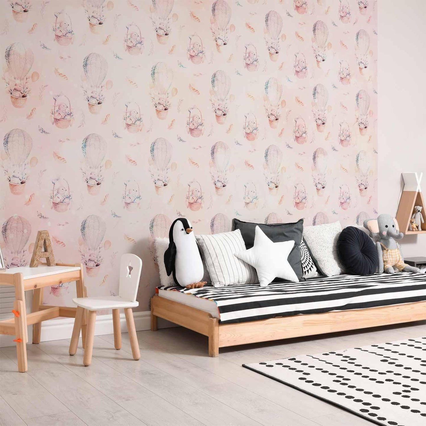 Fototapete - Solid pattern with feathers - hares in a basket and in a balloon for children